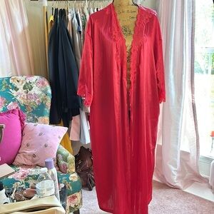 Vintage Victorias Secret Red Lace Satin Long Robe Sz M-L